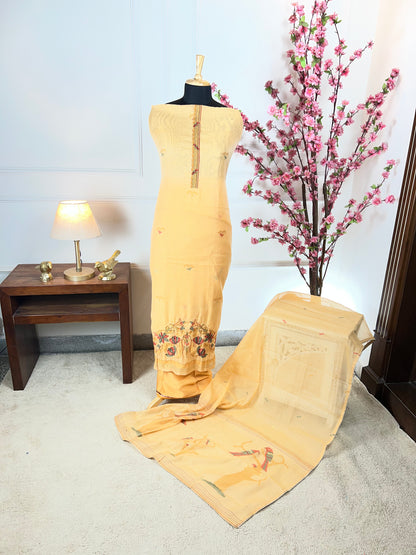 Top Pure Jamdani weaving print with thread and sequin work on borders Bottom Pure jaam satin Dupatta Pure Jamdani weaving print with golden pipin