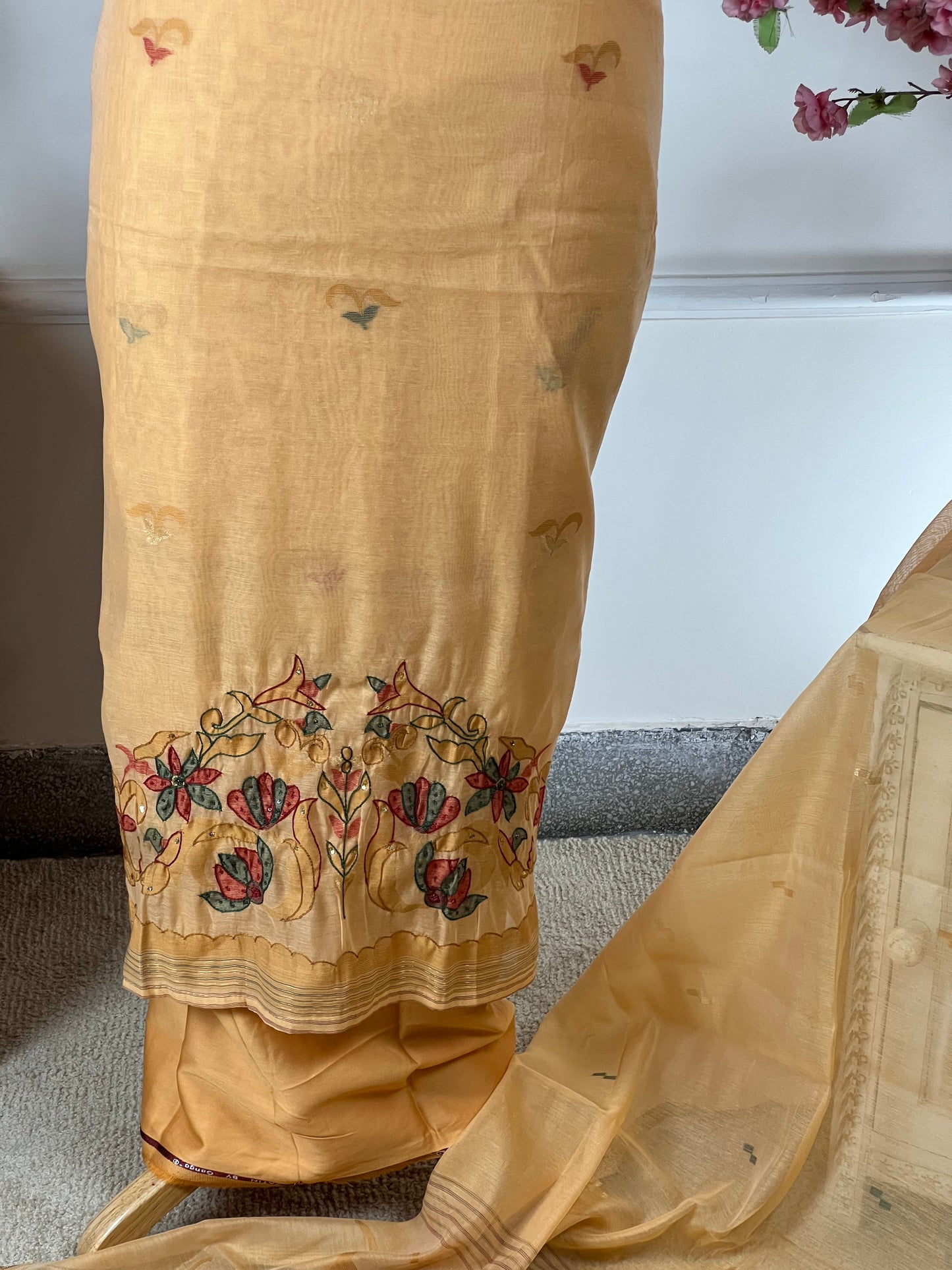 Top Pure Jamdani weaving print with thread and sequin work on borders Bottom Pure jaam satin Dupatta Pure Jamdani weaving print with golden pipin