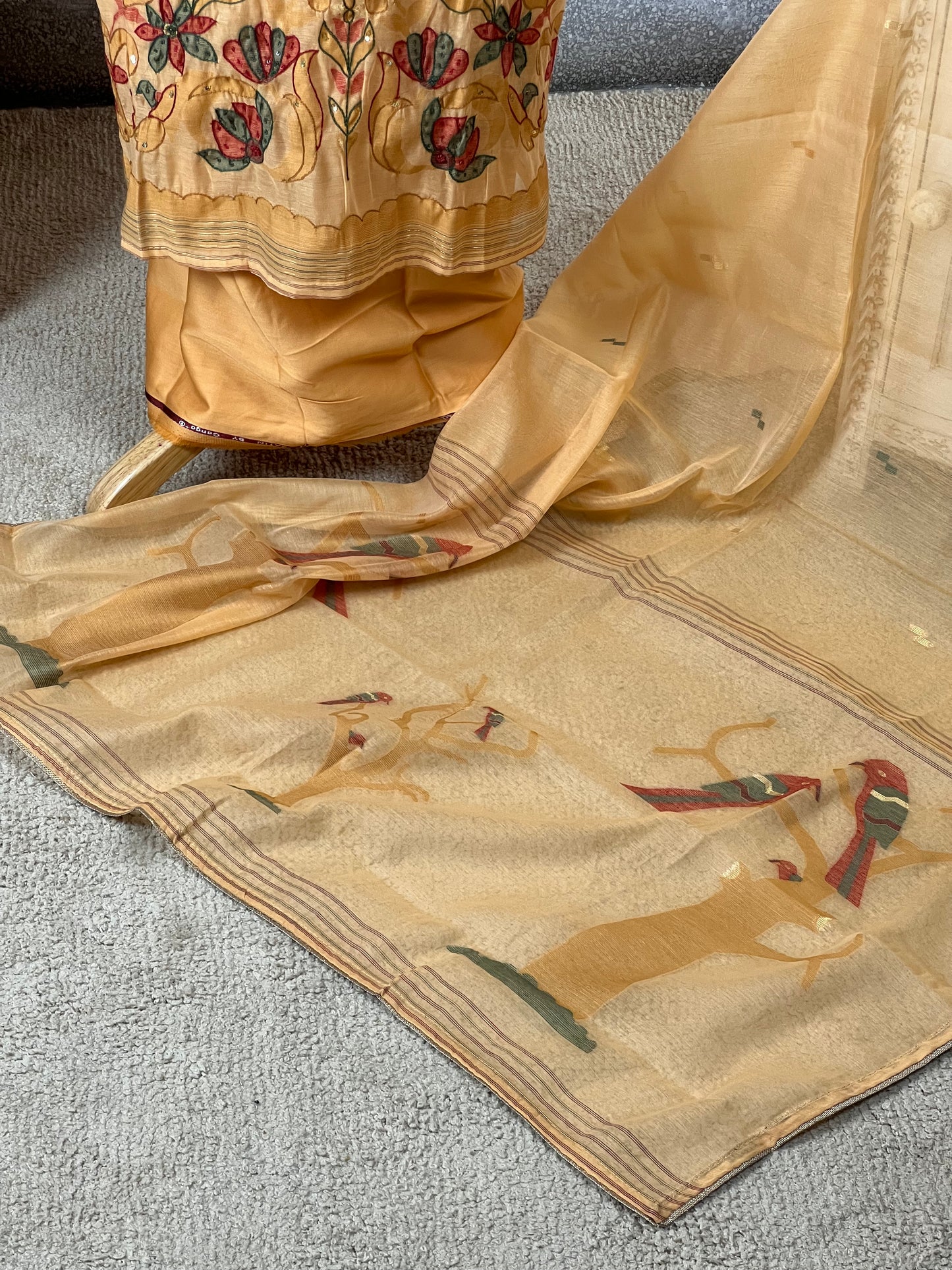 Top Pure Jamdani weaving print with thread and sequin work on borders Bottom Pure jaam satin Dupatta Pure Jamdani weaving print with golden pipin