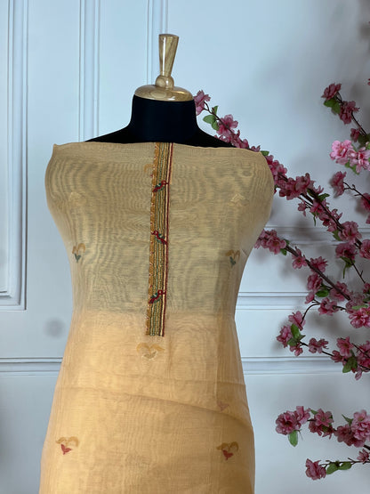 Top Pure Jamdani weaving print with thread and sequin work on borders Bottom Pure jaam satin Dupatta Pure Jamdani weaving print with golden pipin