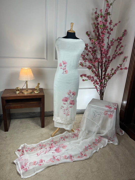 Top - Pure burbric designer printed on front and highlight work and thread work on border<br>Bottom - Pure muslin<br>Dupatta - Pure burbric printed and thread lace on border Art No 64