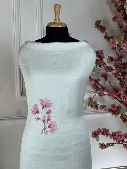 Top - Pure burbric designer printed on front and highlight work and thread work on border<br>Bottom - Pure muslin<br>Dupatta - Pure burbric printed and thread lace on border Art No 64