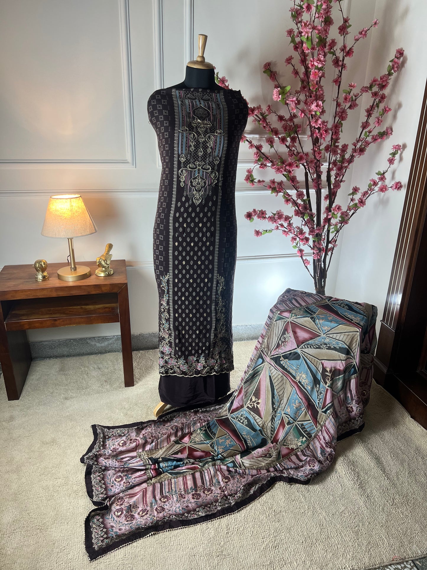 Top - Pure crape designer print cutwork ghera thread work and jeri work<br>Bottom - Pure crape<br>Dupatta - Pure chinon with jeri and thread work highlights Art No 65