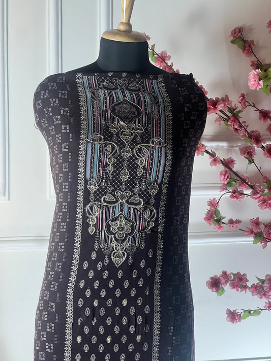 Top - Pure crape designer print cutwork ghera thread work and jeri work<br>Bottom - Pure crape<br>Dupatta - Pure chinon with jeri and thread work highlights Art No 65