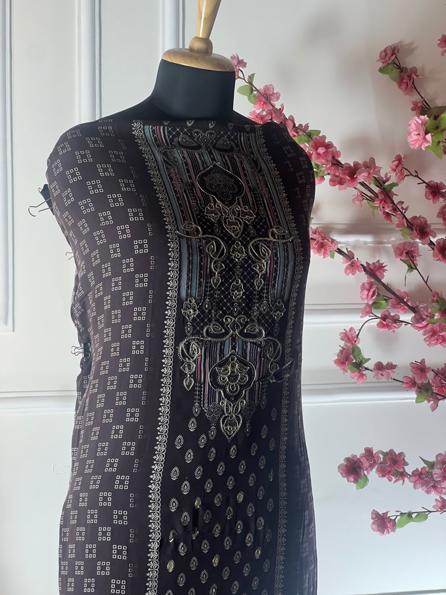Top - Pure crape designer print cutwork ghera thread work and jeri work<br>Bottom - Pure crape<br>Dupatta - Pure chinon with jeri and thread work highlights Art No 65