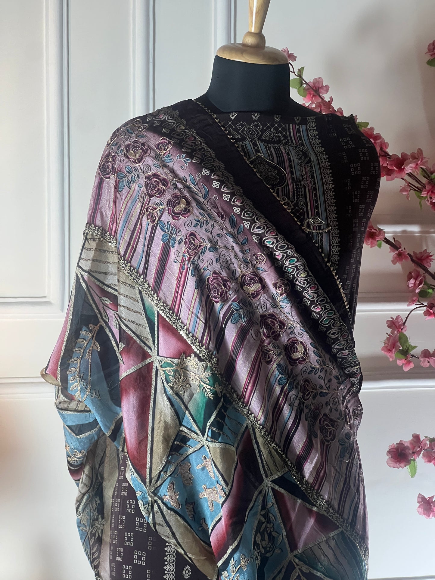 Top - Pure crape designer print cutwork ghera thread work and jeri work<br>Bottom - Pure crape<br>Dupatta - Pure chinon with jeri and thread work highlights Art No 65