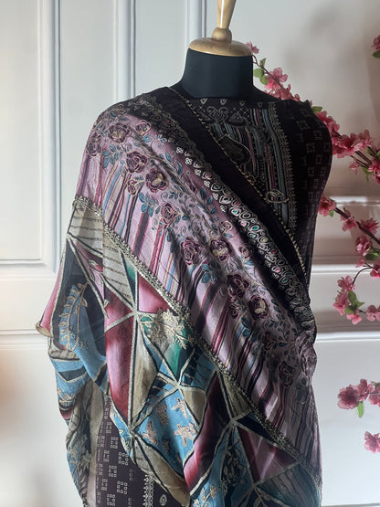 Top - Pure crape designer print cutwork ghera thread work and jeri work<br>Bottom - Pure crape<br>Dupatta - Pure chinon with jeri and thread work highlights Art No 65