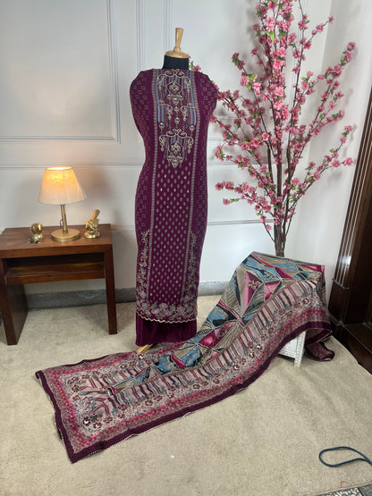 Top - Pure crape designer paint cutwork ghera thread and jeri work<br>Bottom - Pure crape<br>Dupatta - Pure chinon with jeri and thread work highlights Art No 66