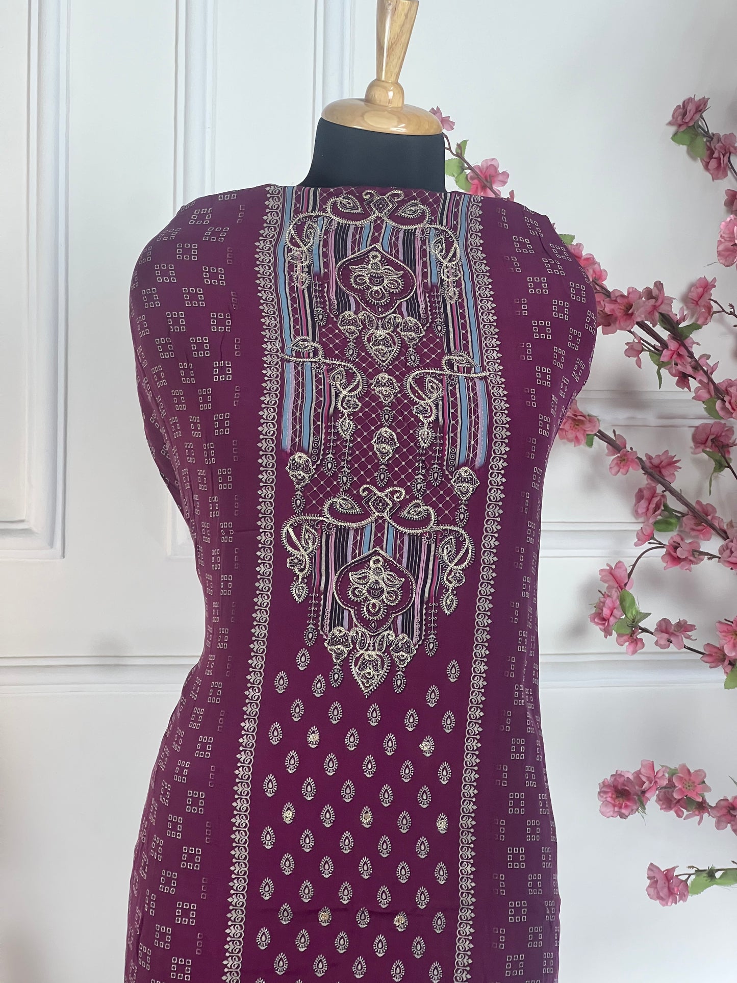 Top - Pure crape designer paint cutwork ghera thread and jeri work<br>Bottom - Pure crape<br>Dupatta - Pure chinon with jeri and thread work highlights Art No 66