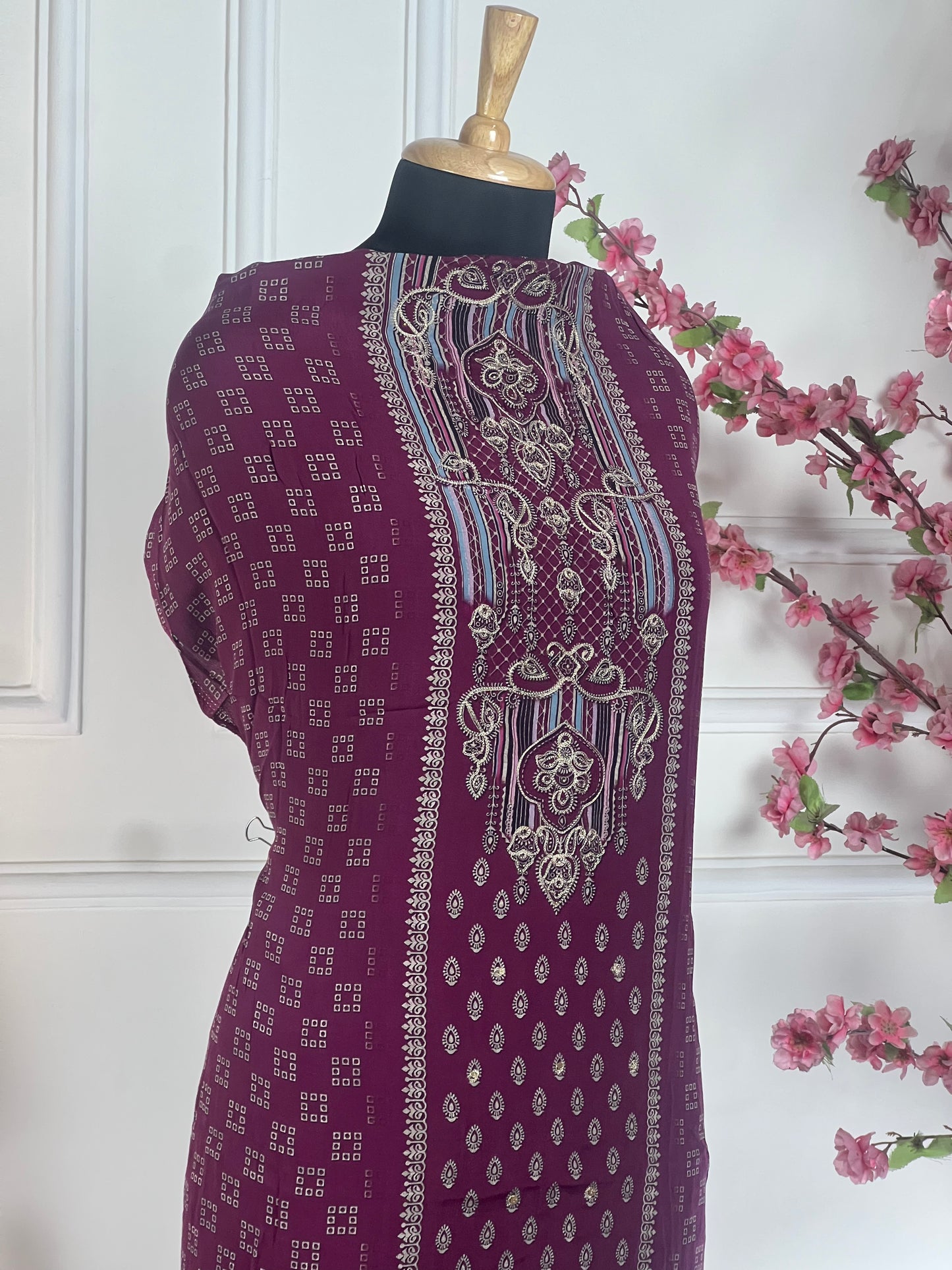 Top - Pure crape designer paint cutwork ghera thread and jeri work<br>Bottom - Pure crape<br>Dupatta - Pure chinon with jeri and thread work highlights Art No 66