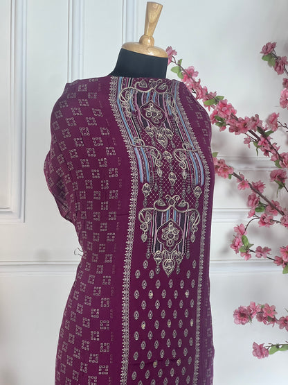 Top - Pure crape designer paint cutwork ghera thread and jeri work<br>Bottom - Pure crape<br>Dupatta - Pure chinon with jeri and thread work highlights Art No 66