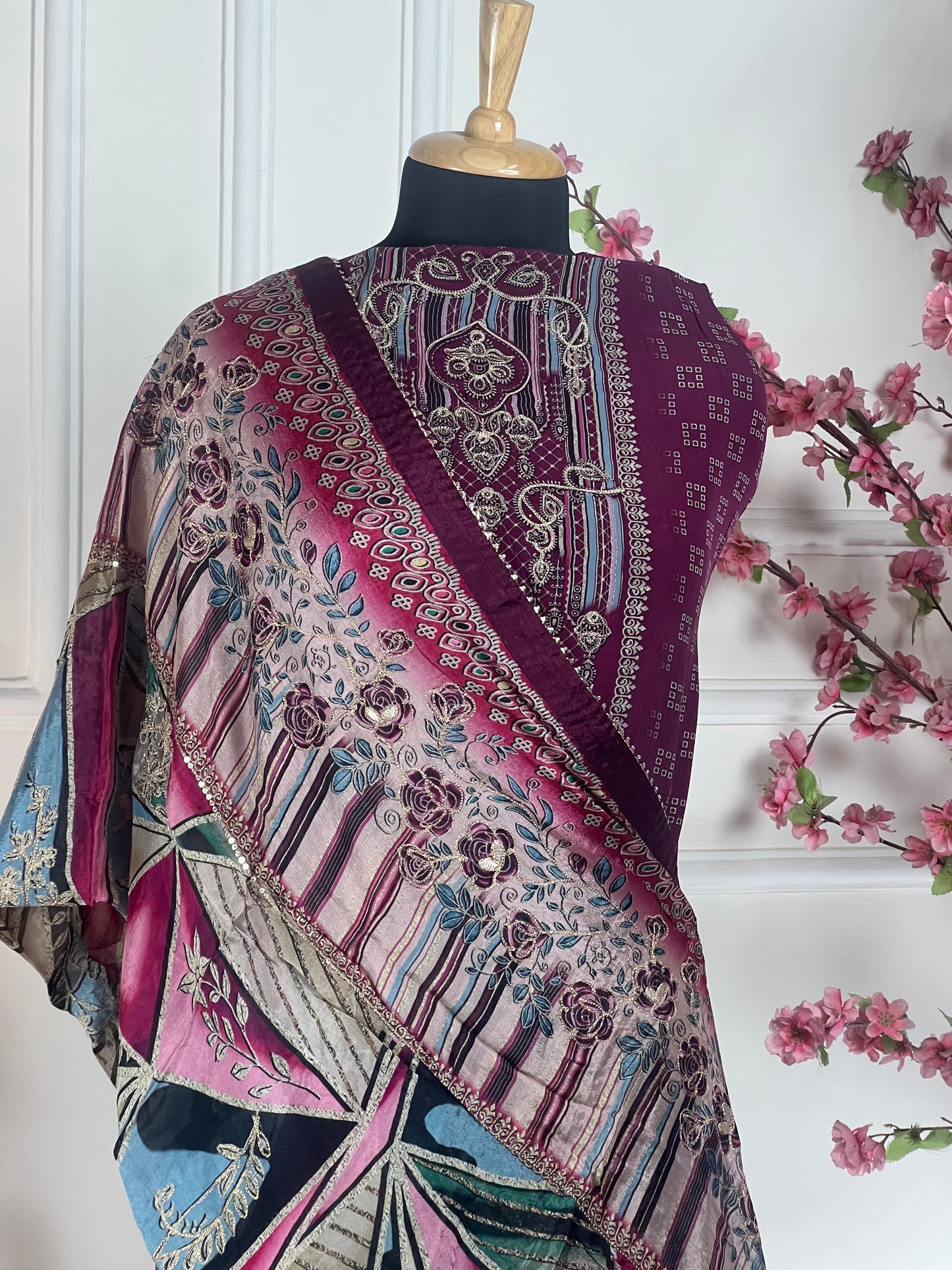 Top - Pure crape designer paint cutwork ghera thread and jeri work<br>Bottom - Pure crape<br>Dupatta - Pure chinon with jeri and thread work highlights Art No 66