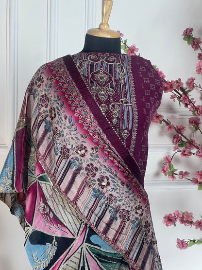Top - Pure crape designer paint cutwork ghera thread and jeri work<br>Bottom - Pure crape<br>Dupatta - Pure chinon with jeri and thread work highlights Art No 66