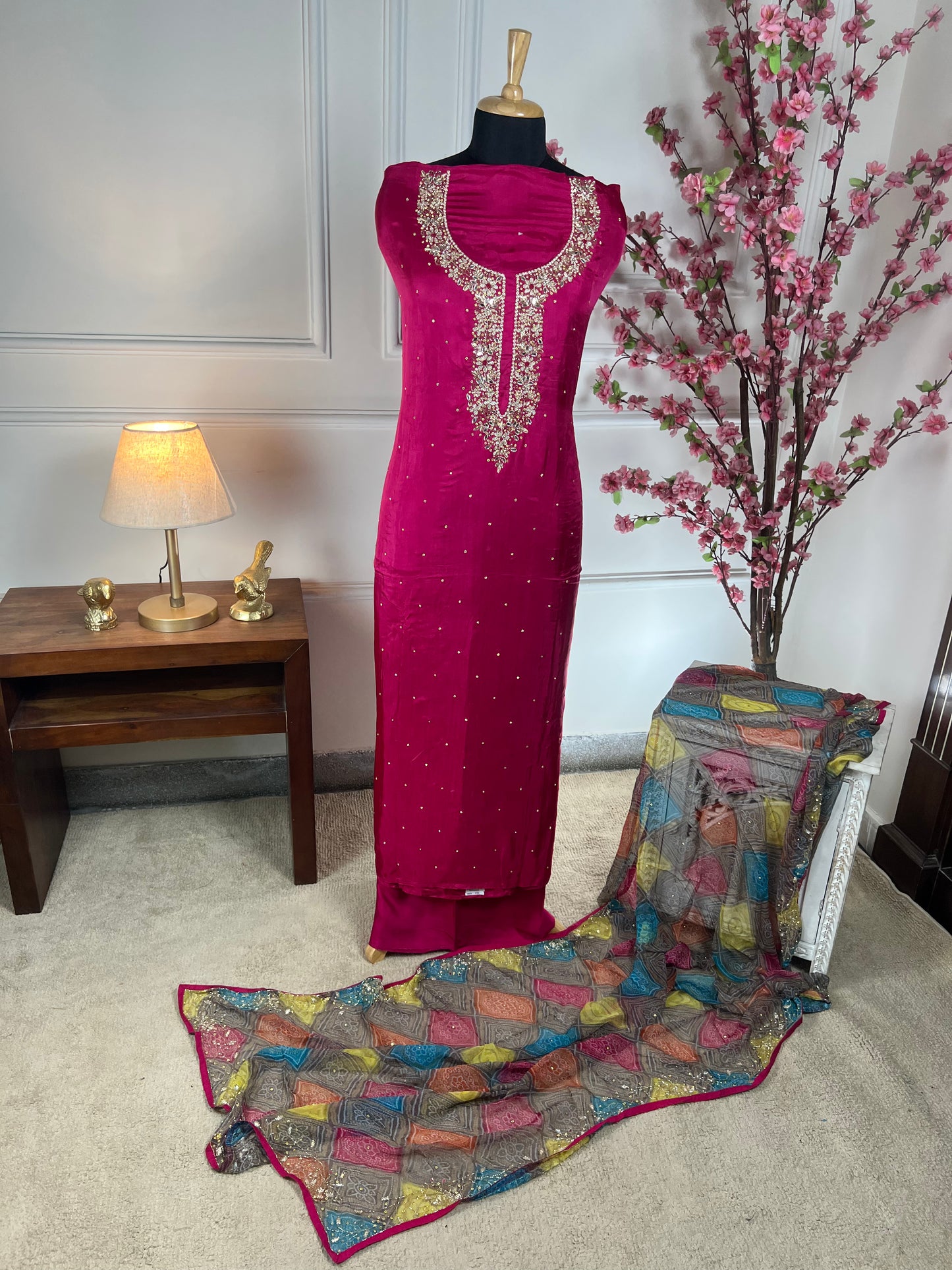 Top - Pure opada silk with heavy handwork and pearl, pearl dabka and mirror work<br>Bottom - Pure santoon silk, heavy quality<br>Dupatta - Pure printed with heavy handwork, mirror, nalki and sequins work Art No 68