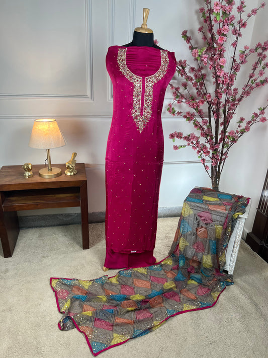Top - Pure opada silk with heavy handwork and pearl, pearl dabka and mirror work<br>Bottom - Pure santoon silk, heavy quality<br>Dupatta - Pure printed with heavy handwork, mirror, nalki and sequins work Art No 68