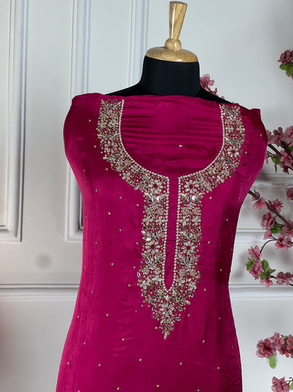 Top - Pure opada silk with heavy handwork and pearl, pearl dabka and mirror work<br>Bottom - Pure santoon silk, heavy quality<br>Dupatta - Pure printed with heavy handwork, mirror, nalki and sequins work Art No 68