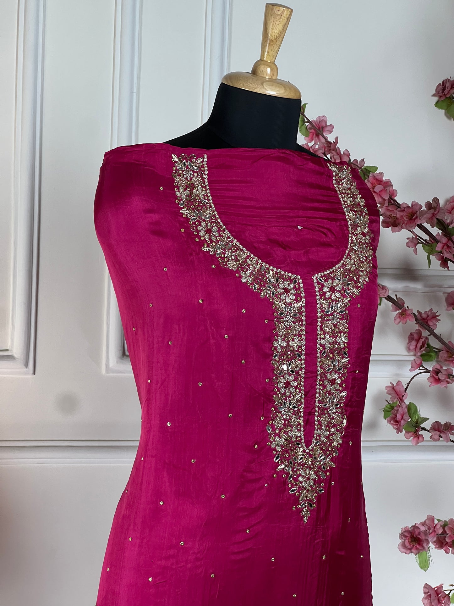 Top - Pure opada silk with heavy handwork and pearl, pearl dabka and mirror work<br>Bottom - Pure santoon silk, heavy quality<br>Dupatta - Pure printed with heavy handwork, mirror, nalki and sequins work Art No 68