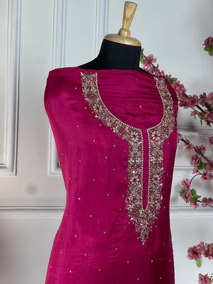 Top - Pure opada silk with heavy handwork and pearl, pearl dabka and mirror work<br>Bottom - Pure santoon silk, heavy quality<br>Dupatta - Pure printed with heavy handwork, mirror, nalki and sequins work Art No 68