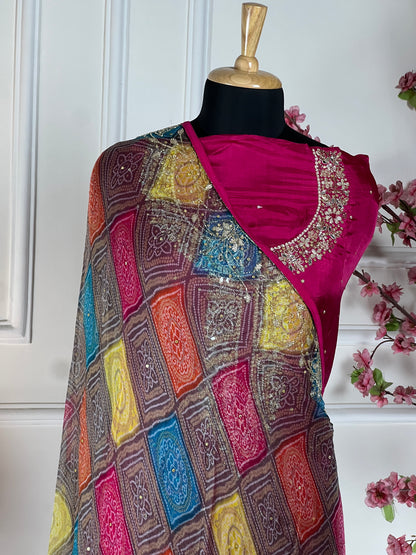 Top - Pure opada silk with heavy handwork and pearl, pearl dabka and mirror work<br>Bottom - Pure santoon silk, heavy quality<br>Dupatta - Pure printed with heavy handwork, mirror, nalki and sequins work Art No 68
