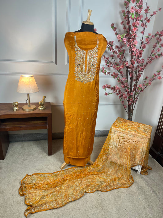 Top - Pure opada silk with heavy embroidery on neck - pearls, sequins, nalki, dabka handwork on neck<br>Bottom - Pure santoon silk<br>Dupatta - Pure printed, same work on four sides of dupatta Art No 69