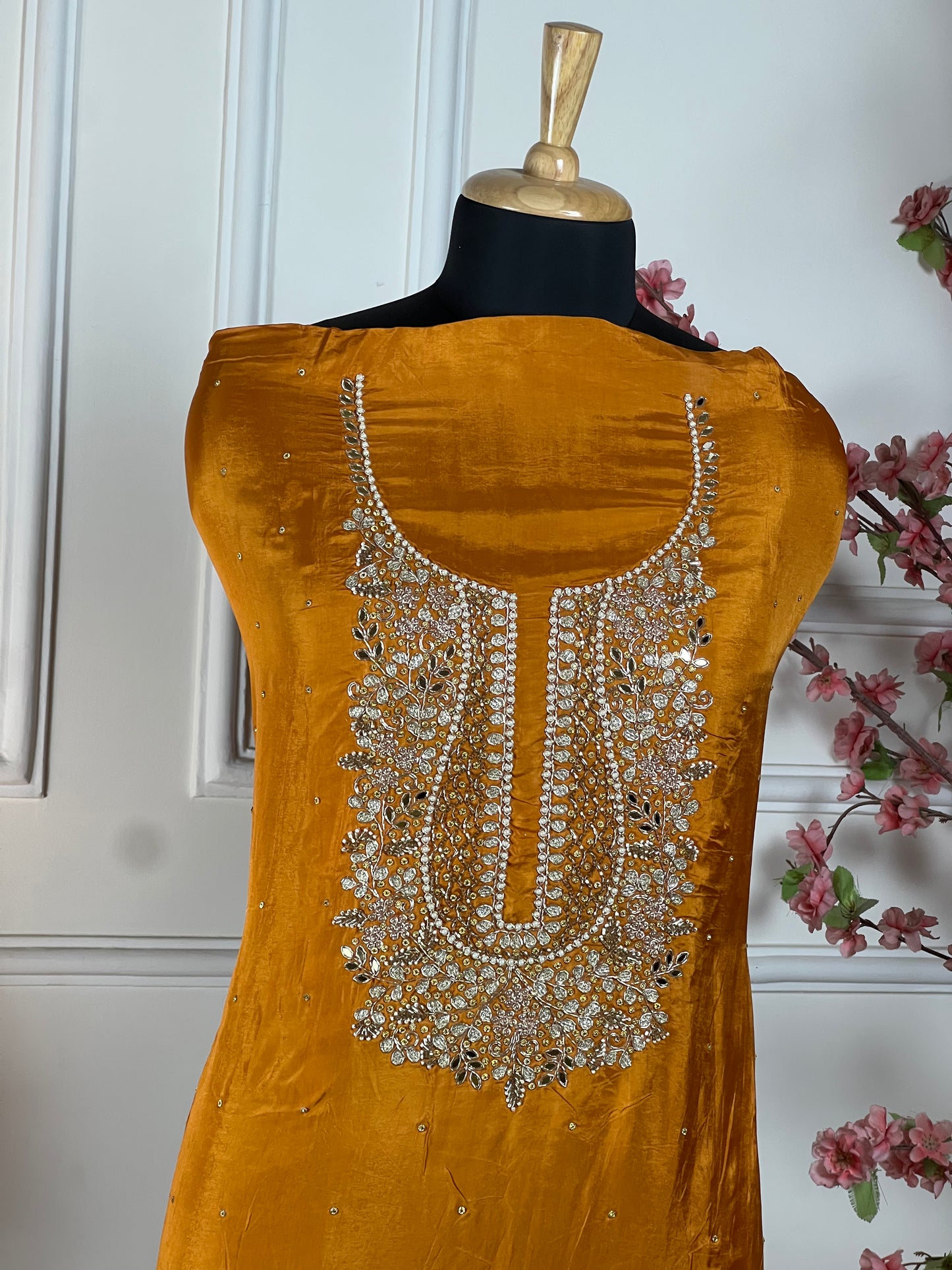 Top - Pure opada silk with heavy embroidery on neck - pearls, sequins, nalki, dabka handwork on neck<br>Bottom - Pure santoon silk<br>Dupatta - Pure printed, same work on four sides of dupatta Art No 69