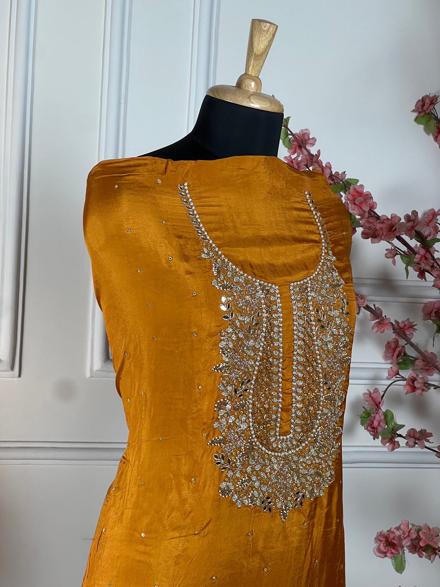 Top - Pure opada silk with heavy embroidery on neck - pearls, sequins, nalki, dabka handwork on neck<br>Bottom - Pure santoon silk<br>Dupatta - Pure printed, same work on four sides of dupatta Art No 69