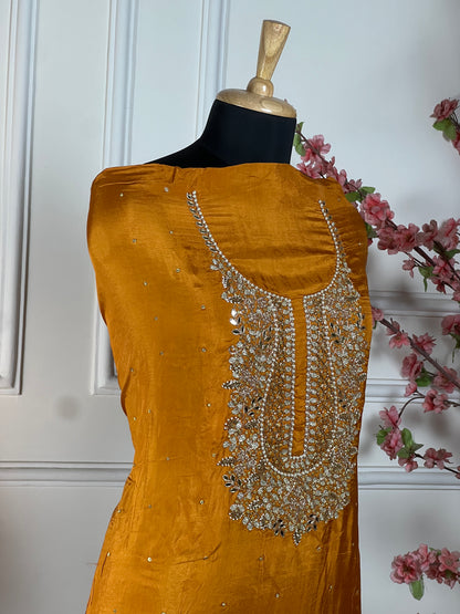 Top - Pure opada silk with heavy embroidery on neck - pearls, sequins, nalki, dabka handwork on neck<br>Bottom - Pure santoon silk<br>Dupatta - Pure printed, same work on four sides of dupatta Art No 69