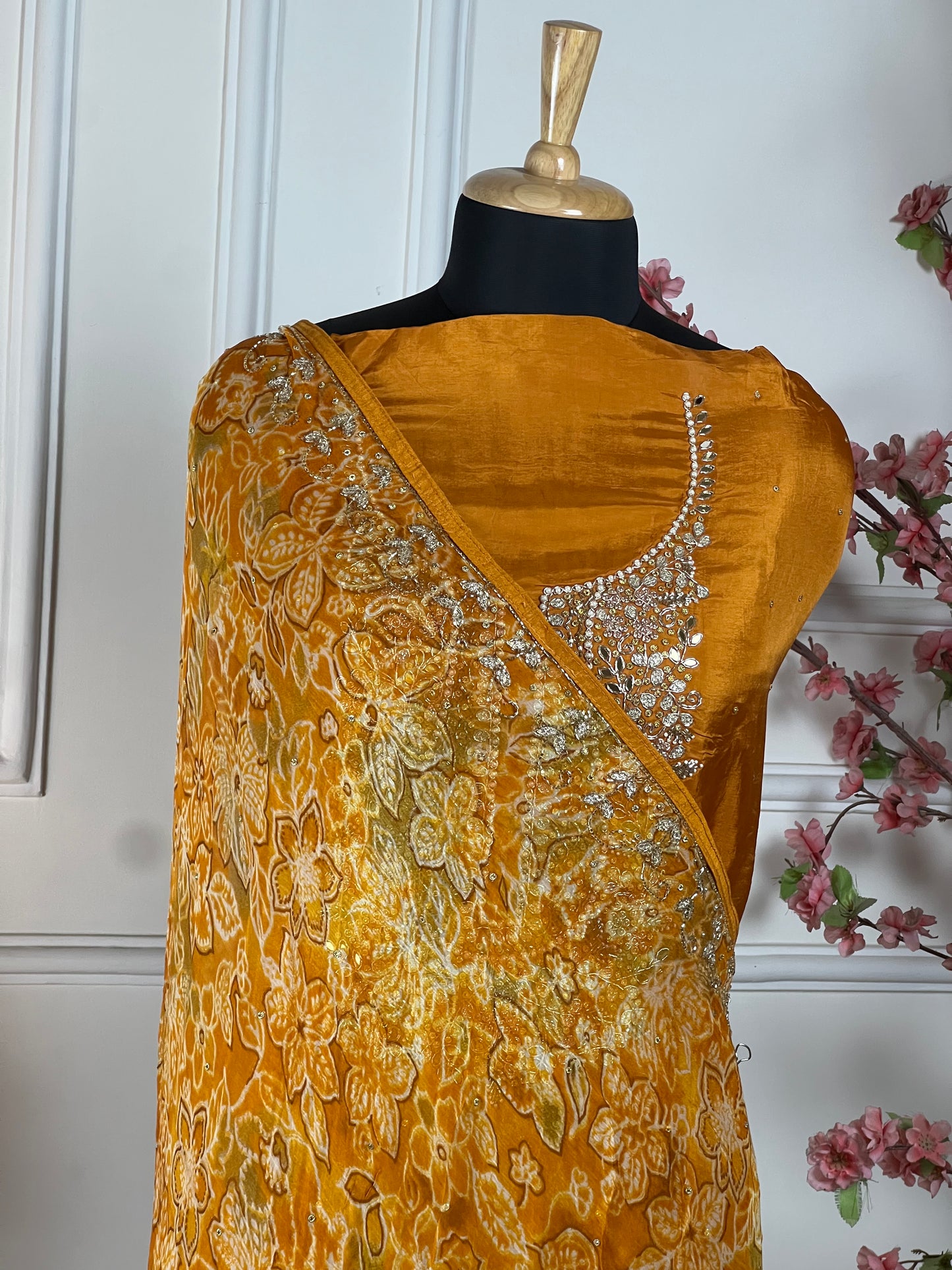 Top - Pure opada silk with heavy embroidery on neck - pearls, sequins, nalki, dabka handwork on neck<br>Bottom - Pure santoon silk<br>Dupatta - Pure printed, same work on four sides of dupatta Art No 69