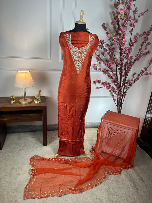 Top - Pure opada silk with embroidery on neck - pearls, sequins, nalki, dabka handwork on neck<br>Bottom - Pure silk opada<br>Dupatta - Pure chiffon with four side handwork and buti Art No 70