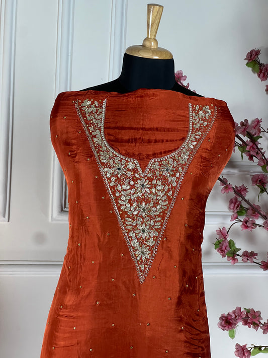 Top - Pure opada silk with embroidery on neck - pearls, sequins, nalki, dabka handwork on neck<br>Bottom - Pure silk opada<br>Dupatta - Pure chiffon with four side handwork and buti Art No 70