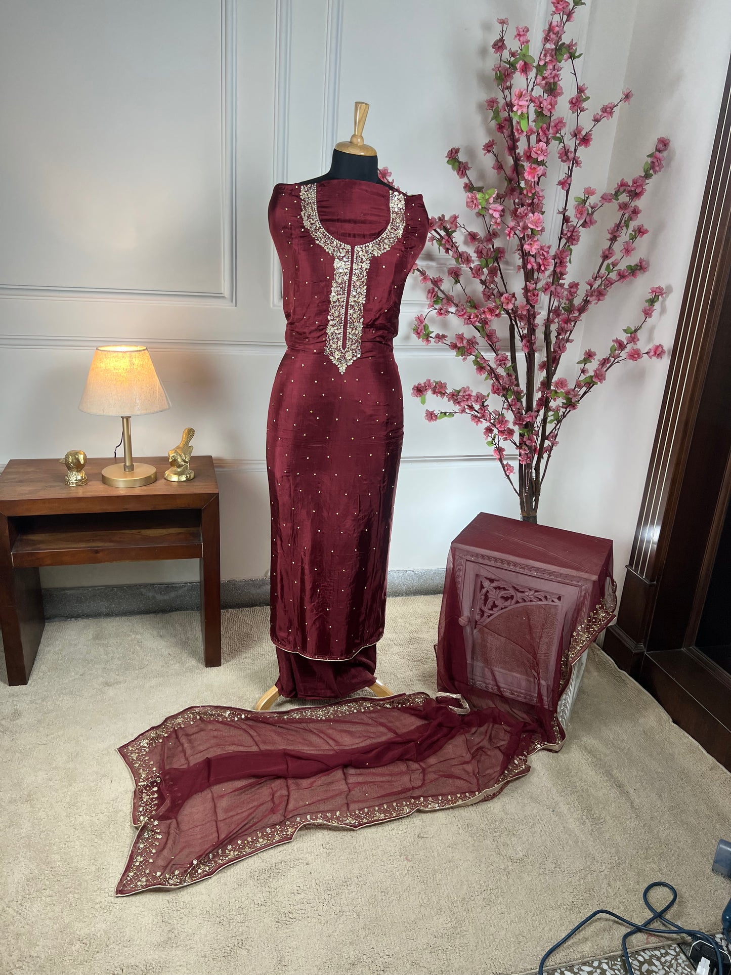 Top - Pure opada silk with heavy embroidery on neck - pearls, sequins, nalki, dabka handwork on neck<br>Bottom - Pure silk opada<br>Dupatta - Pure chiffon with four side handwork and buti Art No 71