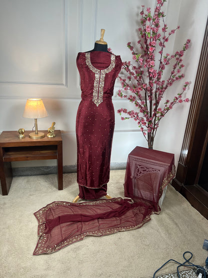 Top - Pure opada silk with heavy embroidery on neck - pearls, sequins, nalki, dabka handwork on neck<br>Bottom - Pure silk opada<br>Dupatta - Pure chiffon with four side handwork and buti Art No 71