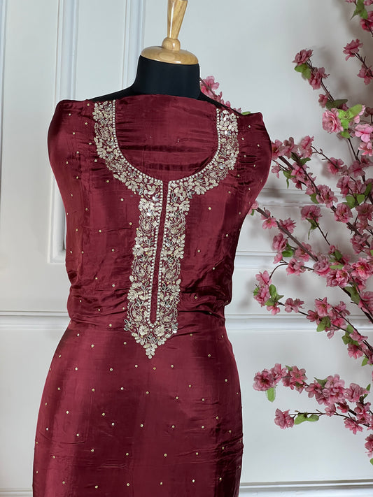 Top - Pure opada silk with heavy embroidery on neck - pearls, sequins, nalki, dabka handwork on neck<br>Bottom - Pure silk opada<br>Dupatta - Pure chiffon with four side handwork and buti Art No 71