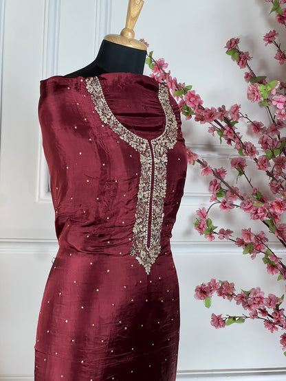 Top - Pure opada silk with heavy embroidery on neck - pearls, sequins, nalki, dabka handwork on neck<br>Bottom - Pure silk opada<br>Dupatta - Pure chiffon with four side handwork and buti Art No 71