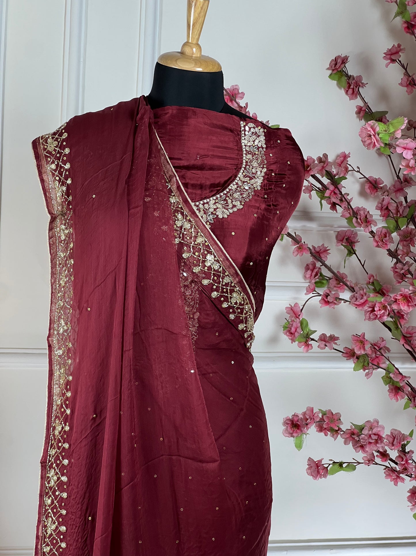 Top - Pure opada silk with heavy embroidery on neck - pearls, sequins, nalki, dabka handwork on neck<br>Bottom - Pure silk opada<br>Dupatta - Pure chiffon with four side handwork and buti Art No 71