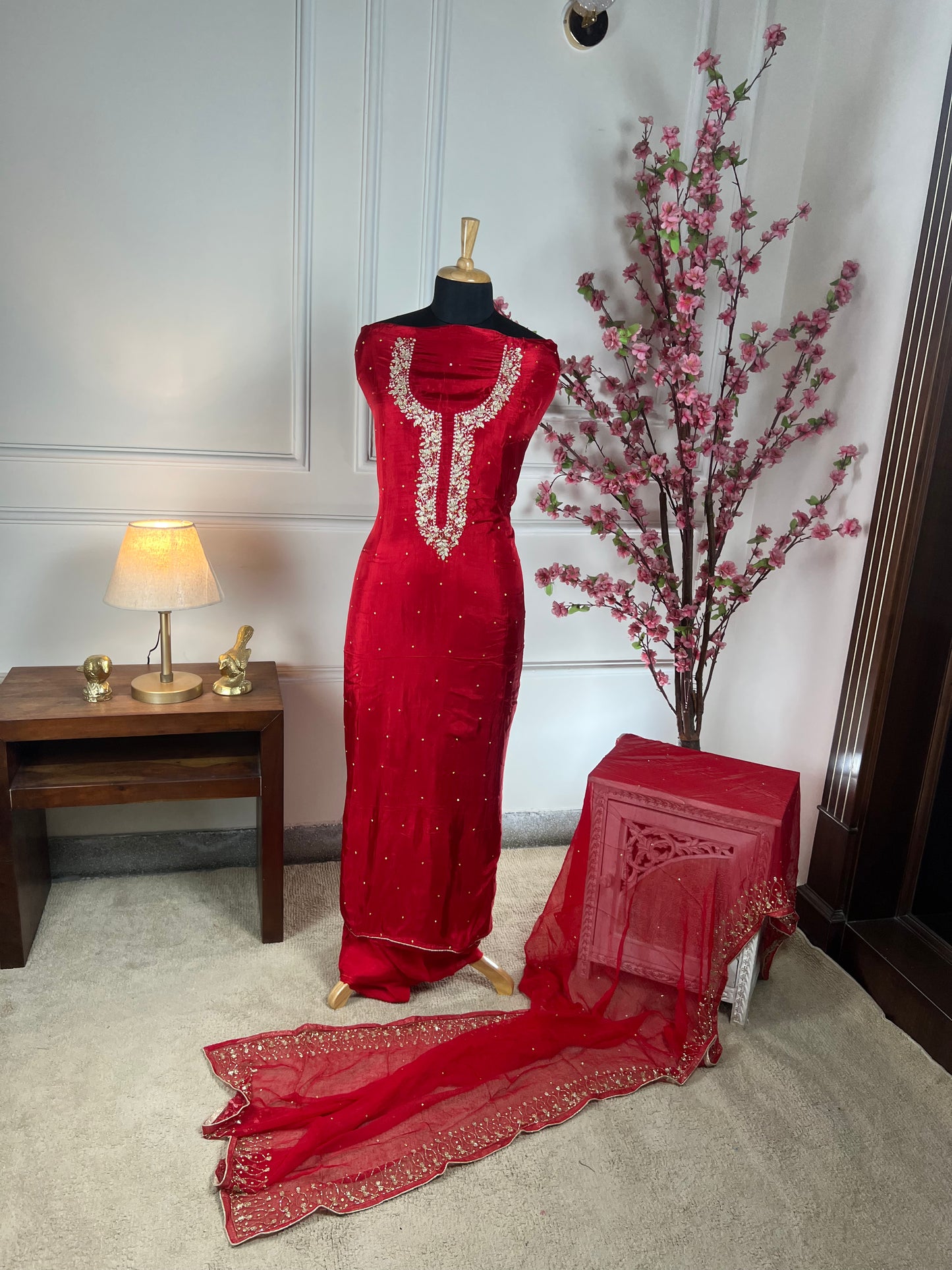 Top - Pure opada silk with heavy embroidery on neck - pearls, sequins, nalki, dabka handwork on neck<br>Bottom - Pure silk opada<br>Dupatta - Pure chiffon with four side handwork and buti Art No 72