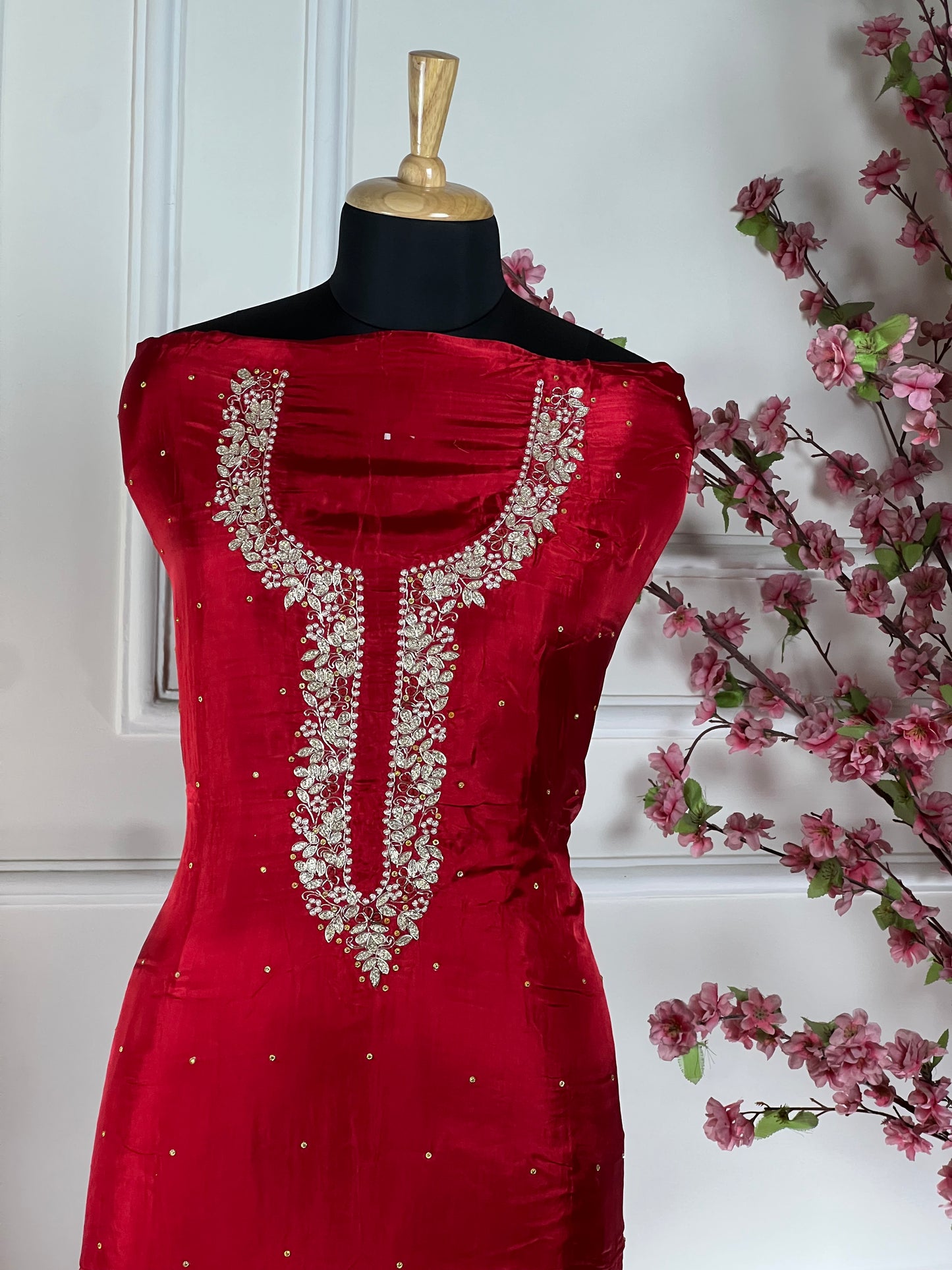 Top - Pure opada silk with heavy embroidery on neck - pearls, sequins, nalki, dabka handwork on neck<br>Bottom - Pure silk opada<br>Dupatta - Pure chiffon with four side handwork and buti Art No 72