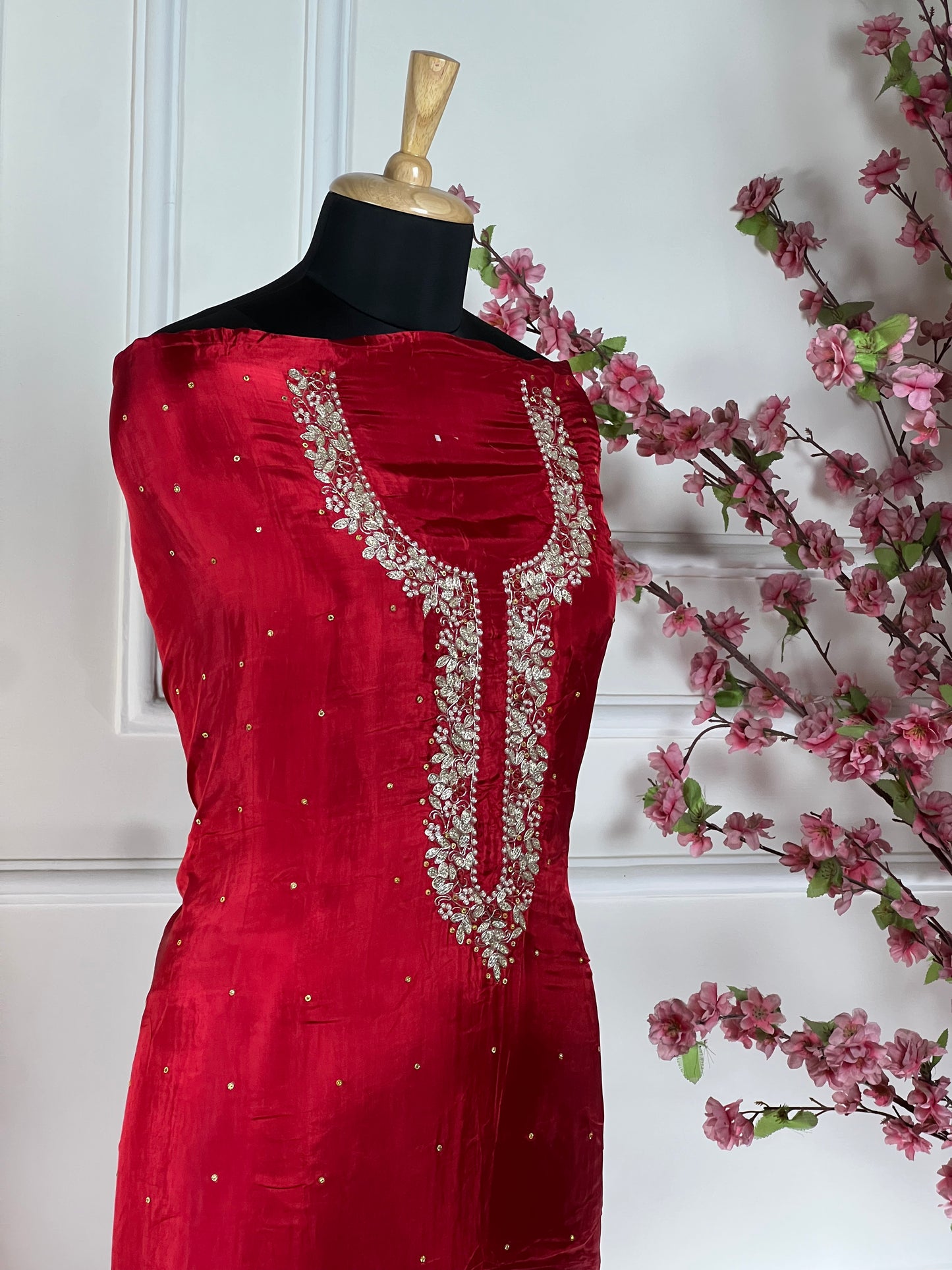 Top - Pure opada silk with heavy embroidery on neck - pearls, sequins, nalki, dabka handwork on neck<br>Bottom - Pure silk opada<br>Dupatta - Pure chiffon with four side handwork and buti Art No 72