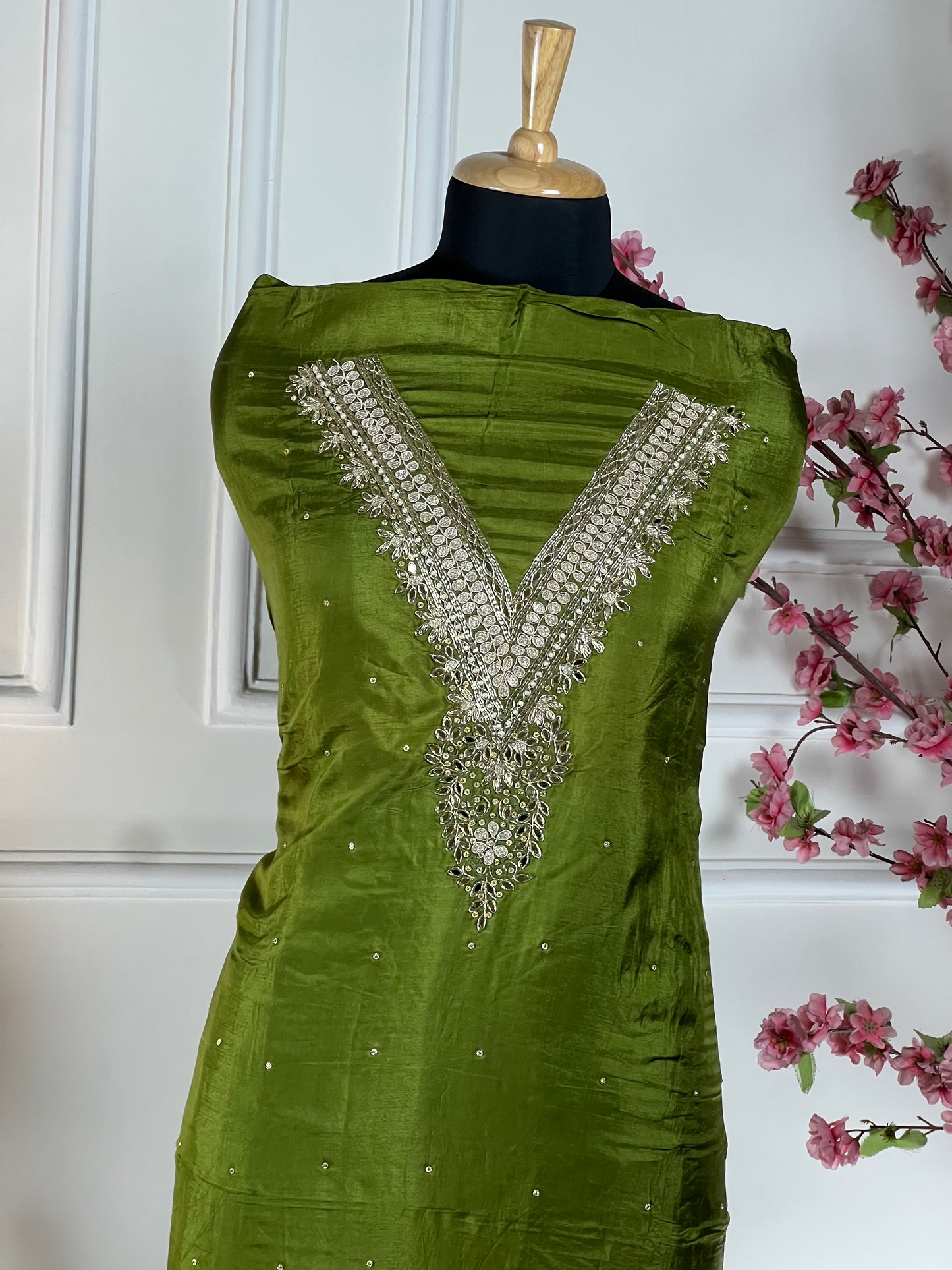 Top - Pure opada silk with hand embroidery - pearls, sequins, dabka work on neck<br>Bottom - Pure silk santoon<br>Dupatta - Pure chiffon printed with handwork, four side border Art No 73