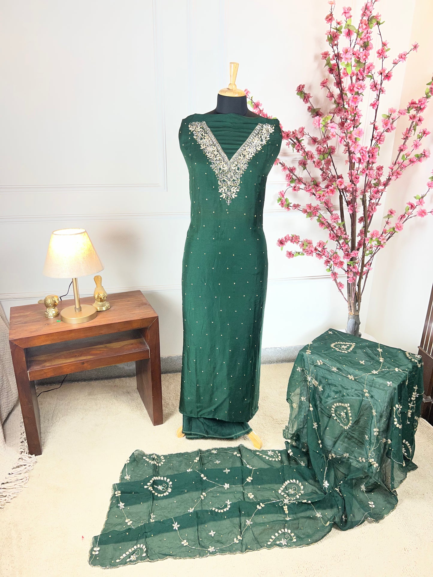 Top - Pure opada silk with handwork embroidery - pearls, sequins, dabka work on neck<br>Bottom - Pure opada silk organza<br>Dupatta - Pure chiffon with handwork, heavy jaal work Art No 74