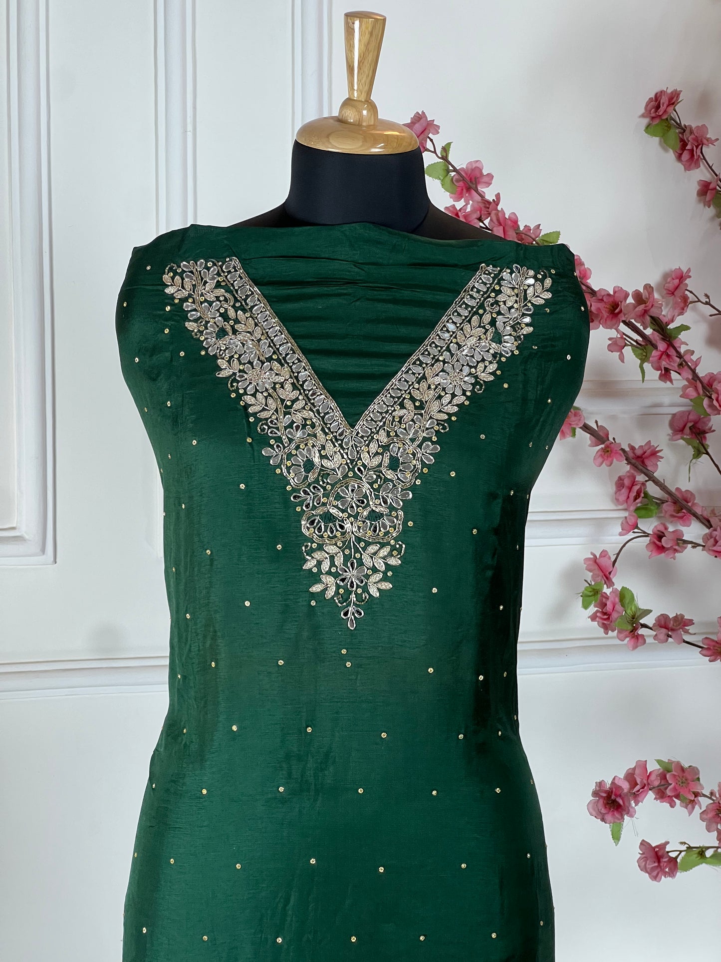 Top - Pure opada silk with handwork embroidery - pearls, sequins, dabka work on neck<br>Bottom - Pure opada silk organza<br>Dupatta - Pure chiffon with handwork, heavy jaal work Art No 74