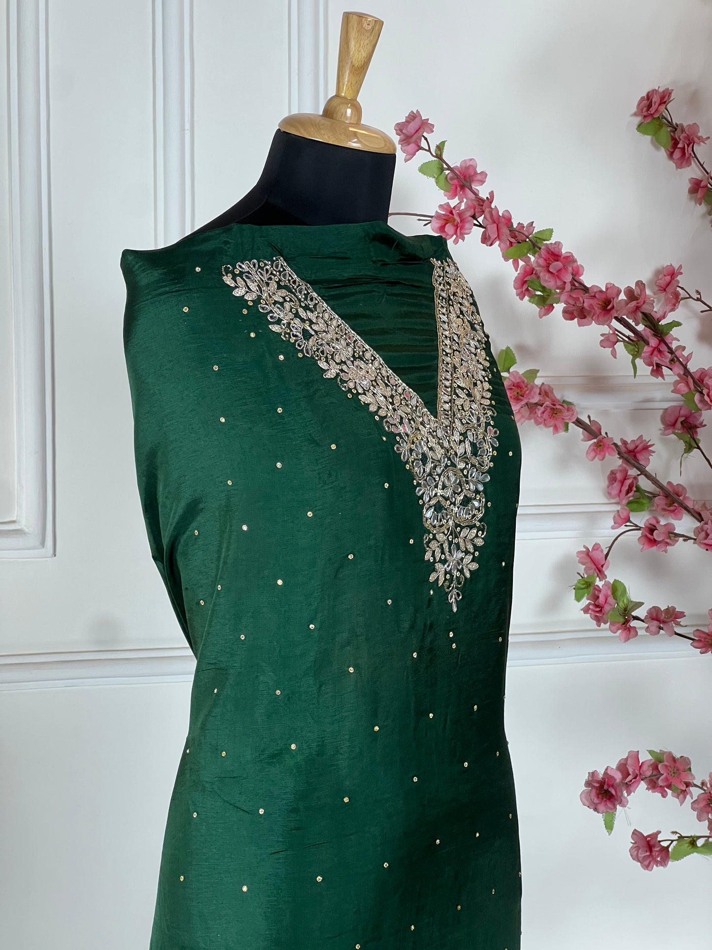 Top - Pure opada silk with handwork embroidery - pearls, sequins, dabka work on neck<br>Bottom - Pure opada silk organza<br>Dupatta - Pure chiffon with handwork, heavy jaal work Art No 74