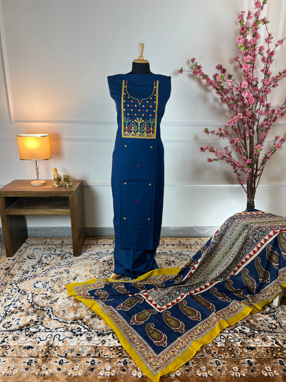 TOP: Cotton, Handwork, Patch work on neck and buti in Front ; BOTTOM: Cotton plain ; DUPATTA: Mul printed  art no 0108