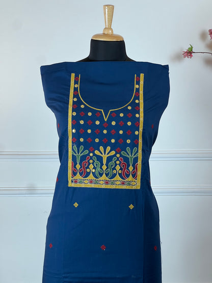 TOP: Cotton, Handwork, Patch work on neck and buti in Front ; BOTTOM: Cotton plain ; DUPATTA: Mul printed  art no 0108