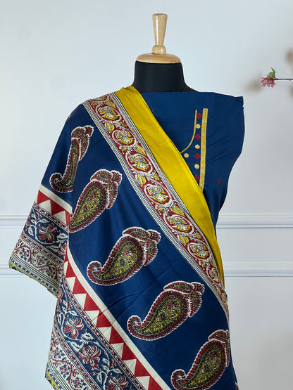 TOP: Cotton, Handwork, Patch work on neck and buti in Front ; BOTTOM: Cotton plain ; DUPATTA: Mul printed  art no 0108