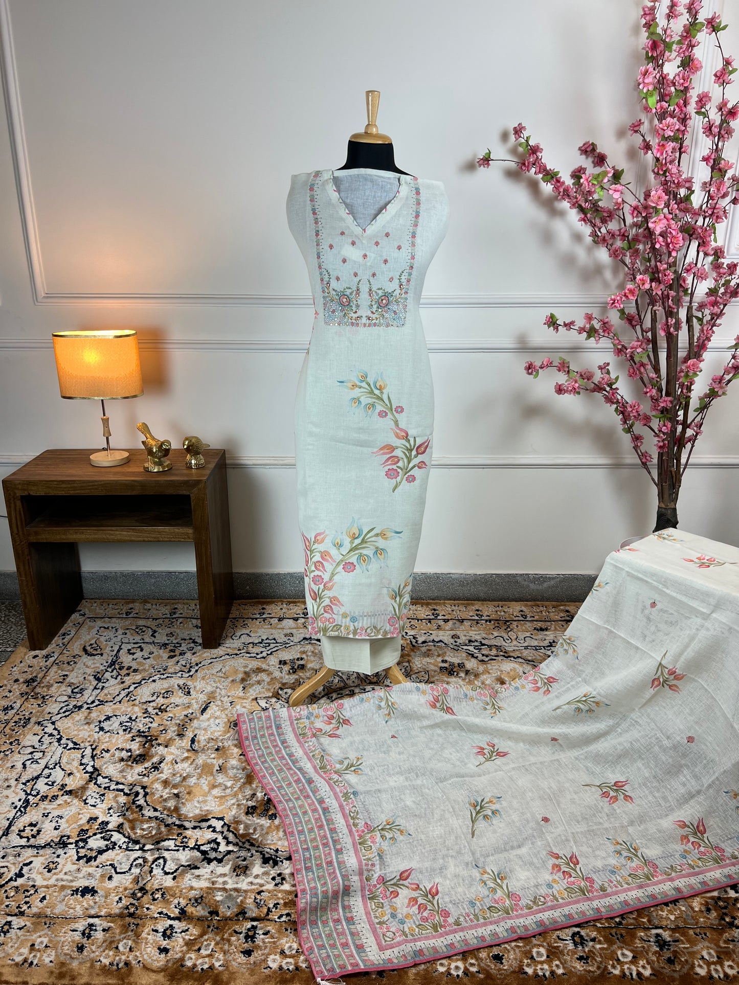 TOP: Linen cotton designer Print and beads work ; BOTTOM: plain cotton ; DUPATTA: Linen cotton designer printed  art no 0122