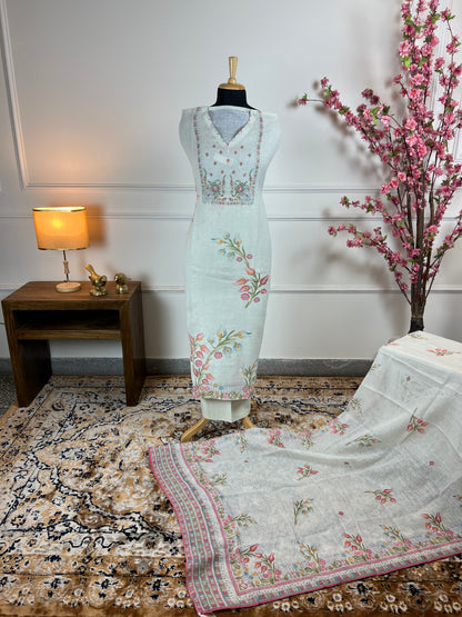 TOP: Linen cotton designer Print and beads work ; BOTTOM: plain cotton ; DUPATTA: Linen cotton designer printed  art no 0122