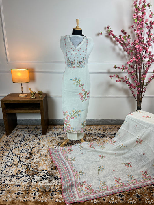 TOP: Linen cotton designer Print and beads work ; BOTTOM: plain cotton ; DUPATTA: Linen cotton designer printed  art no 0122