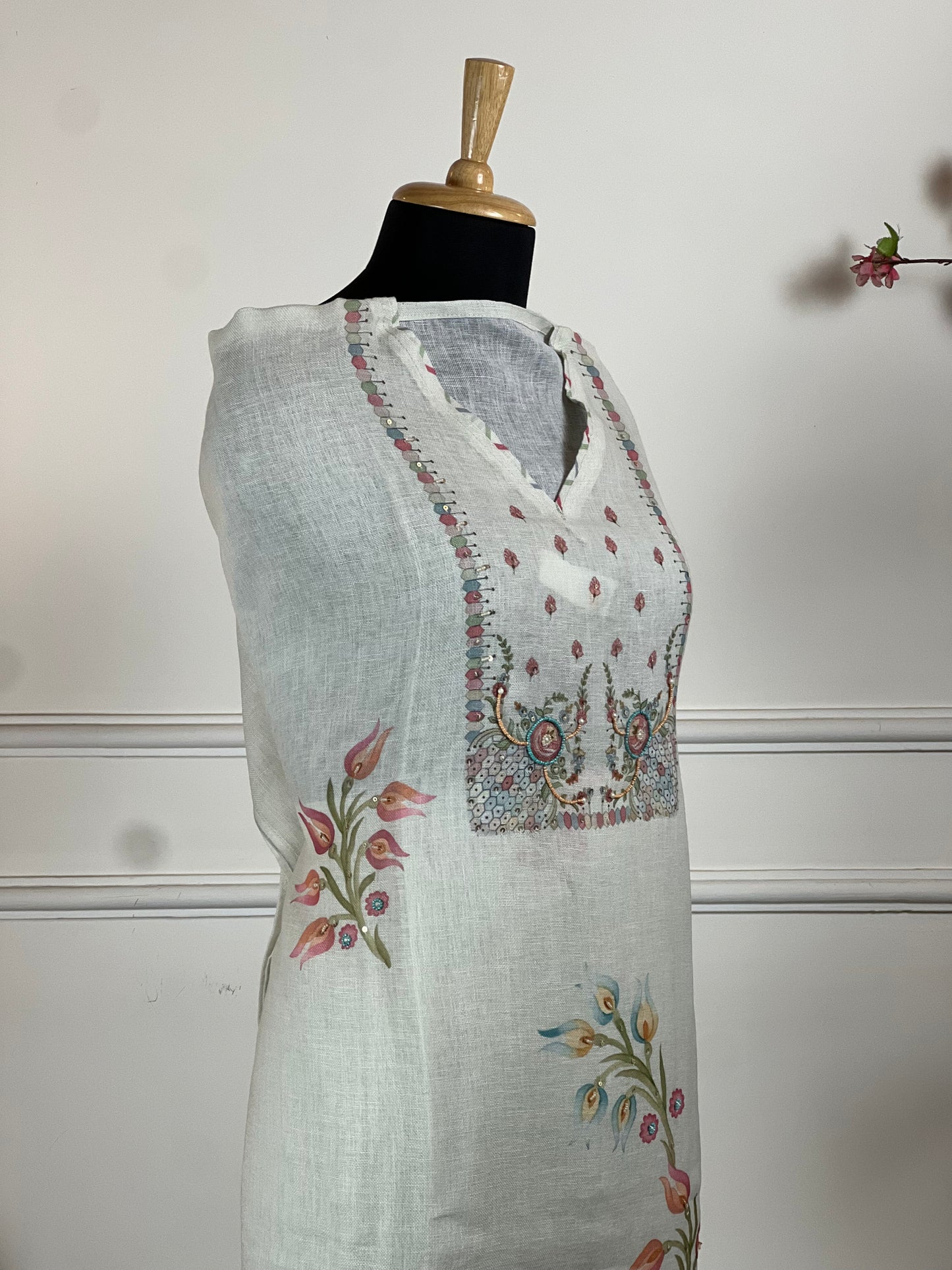 TOP: Linen cotton designer Print and beads work ; BOTTOM: plain cotton ; DUPATTA: Linen cotton designer printed  art no 0122