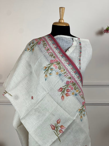 TOP: Linen cotton designer Print and beads work ; BOTTOM: plain cotton ; DUPATTA: Linen cotton designer printed  art no 0122